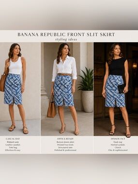 Banana Republic Blue and White Front-Slit Midi Skirt